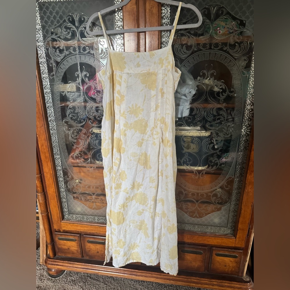 FLAX Linen Sundress White Yellow Flowers